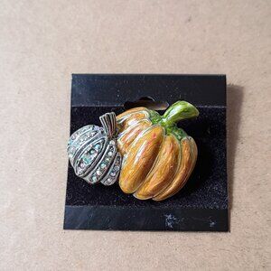Halloween Rhinestone Pumpkin Brooch Pin Fall Farmhouse Jewelry Silver Tone VTG